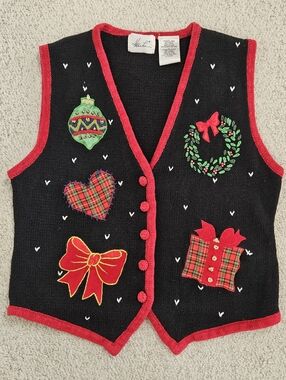 Vintage Kathie Lee Christmas Sweater Vest Holiday Women Large Needlepoint Button